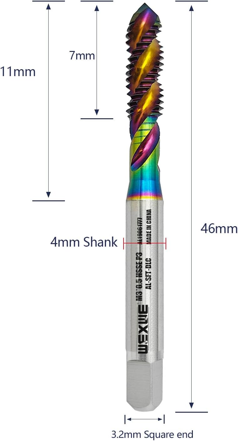 WEXWE Store Tools M3 x 0.5 DLC Coating Spiral Flute Thread Tap, Metric Machine Threading Tap High Speed Steel Cobalt(HSSCo), Round Shank with Square End, H2 Tolerance, 2pcs - Image 2